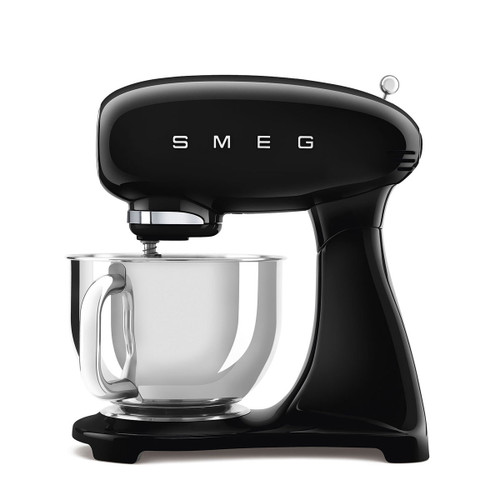 Black SMEG stand mixer with polished stainless steel mixing bowl, side profile view on a white background.