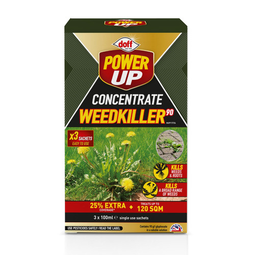 Doff Power Up Concentrate Weedkiller 90 box with 3 x 100ml single-use sachets.