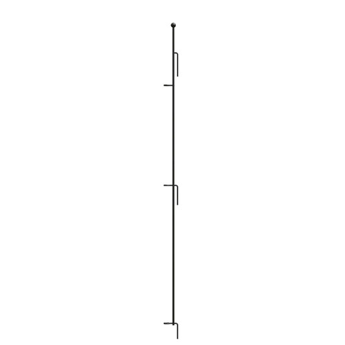 Black metal fence post with a round ball finial and integrated side brackets for attaching fence panels, shown on a white background.