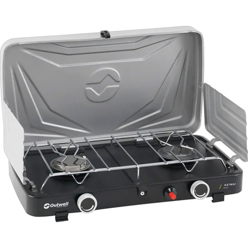 Outwell Katmai Duo portable two-burner camping stove with windshields, shown open
