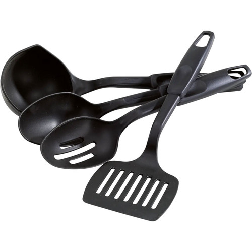 Black camping utensil set including ladle, serving spoon, slotted spoon and slotted spatula with hanging loop handles