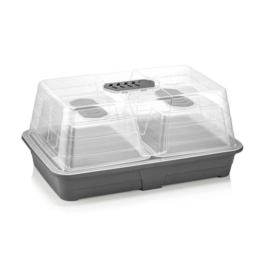 Unheated propagator with transparent humidity dome and black base tray, shown empty against a plain light background.