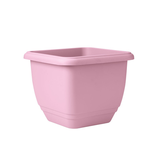 Chalk pink square patio planter with a smooth finish and rolled rim, shown against a plain light background.