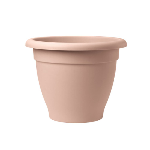 Misty rose round planter with a smooth finish and wide rolled rim, shown against a plain light background.
