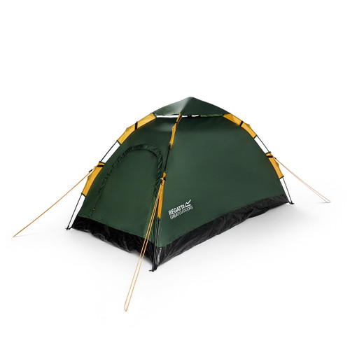 Green Regatta 2-person dome tent with yellow mesh panels and guy ropes, angled front view.