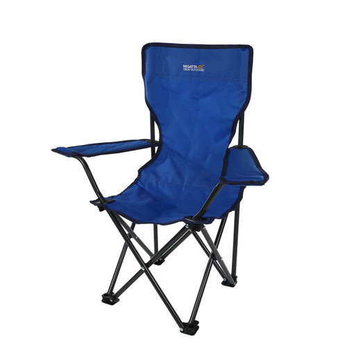 Blue Regatta kids folding camping chair with armrests, angled front view.