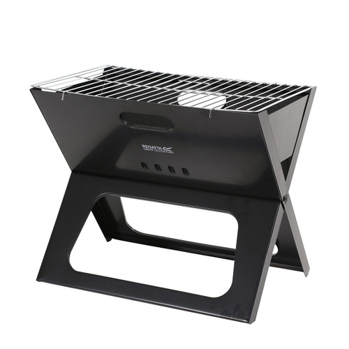 Black Regatta portable charcoal BBQ grill with chrome cooking grate, angled front view.