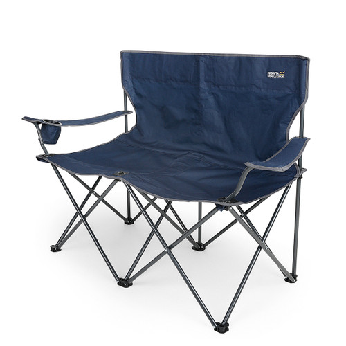 Regatta navy blue folding double camping chair with cup holder, angled front view.
