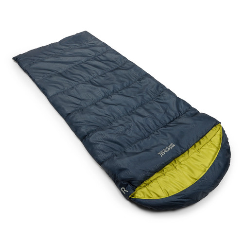 Regatta Tilva rectangular sleeping bag fully laid out, navy with lime lining.