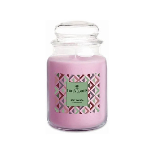 Price’s Candles “Soft Sakura” scented candle in a large clear glass jar with lid, featuring a green label and a geometric diamond pattern in shades of pink, burgundy and green.