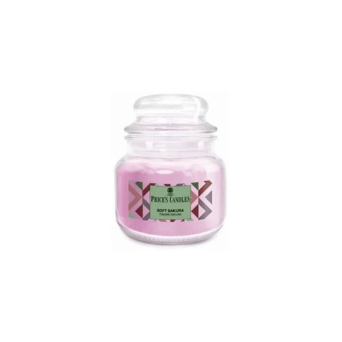 Price’s Candles “Soft Sakura” scented candle in a small clear glass jar with lid, featuring a green label and a geometric diamond pattern in shades of pink, burgundy and green.