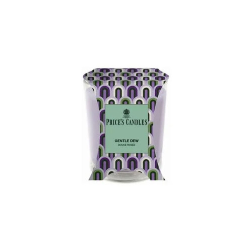 Price’s Candles “Gentle Dew” scented candle in a patterned glass holder with a mint green label, featuring an arched geometric design in shades of purple, green and white.