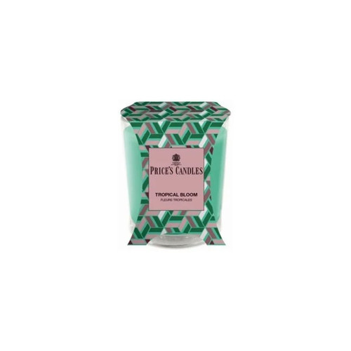 Price’s Candles “Tropical Bloom” scented candle in a patterned glass holder with a pink label, featuring a geometric chevron design in shades of green, pink and grey.