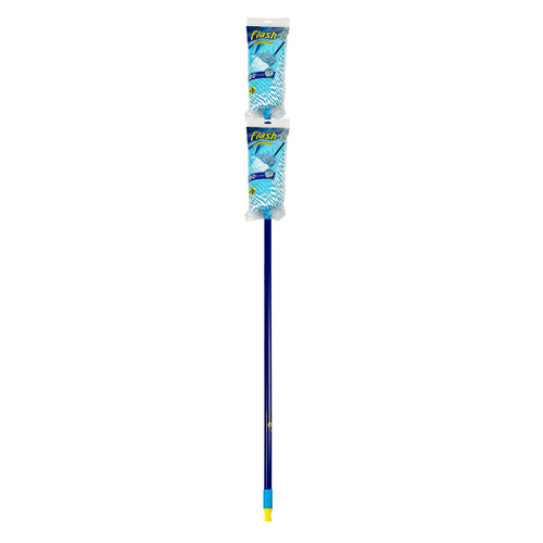Flash mop with a long blue handle and rectangular mop head, shown upright with two blue and white refill packs attached above the head, against a plain background.