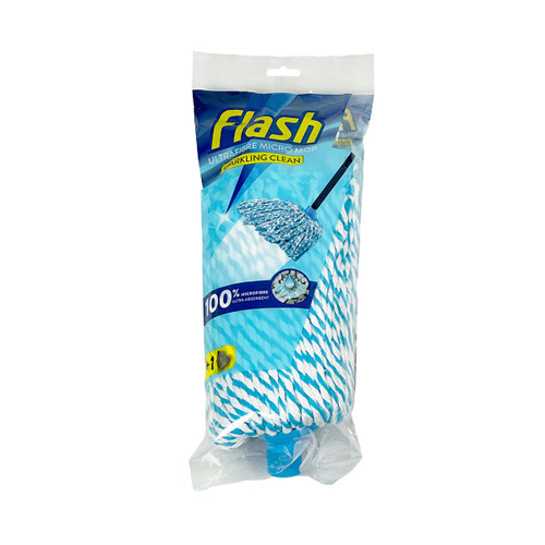 Flash UltraFibre Micro Mop refill in blue and white packaging, labelled “Sparkling Clean” and “100% Microfibre Ultra Absorbent,” showing a blue and white twisted microfibre mop head inside.
