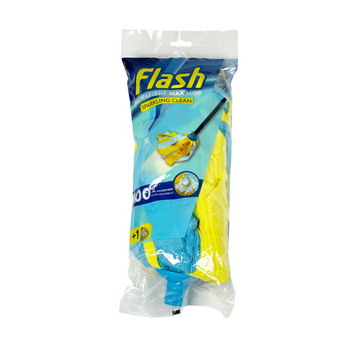 Flash UltraFibre Max Mop refill in blue and yellow packaging, labelled “Sparkling Clean” and “100% Microfibre Ultra Absorbent,” showing a yellow and blue microfiber mop head inside.