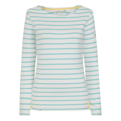Women’s white long-sleeve Breton top with peppermint green horizontal stripes, boat neckline, and small yellow side tab details at the hem.