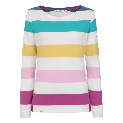 Women’s long-sleeve Breton top with wide colourblock stripes in white, teal, yellow and shades of pink, featuring a boat neckline and small side hem splits.