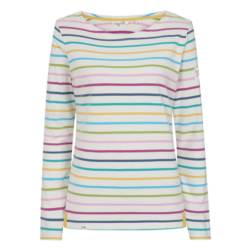 Women’s white long-sleeve Breton top with multicolour horizontal stripes in pink, teal, yellow, blue and green, featuring a boat neckline and small yellow side tab details.
