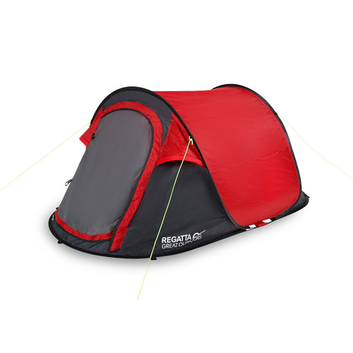 Angled front view of red and grey dome tent with green guy lines and Regatta logo on the side.