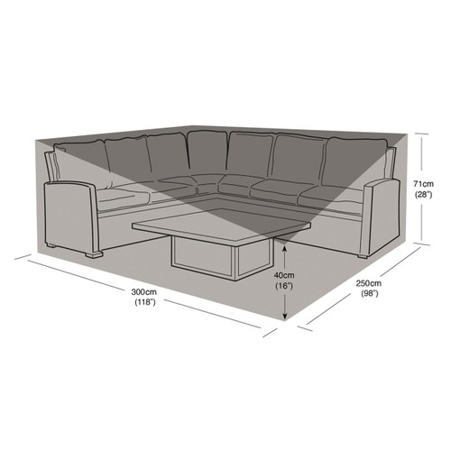 Illustrated dimensions guide for the right-handed casual lounge set cover, showing 300cm by 250cm footprint and 71cm height.