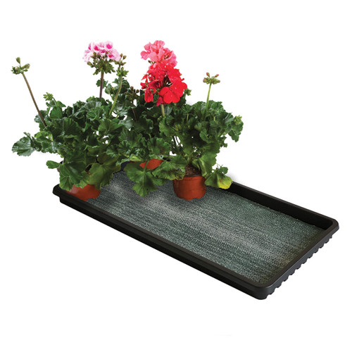 Premium watering and gravel tray with capillary matting, shown holding potted flowering plants.