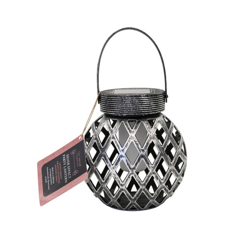 Silver effect solar party lantern with cut-out lattice design and hanging handle.