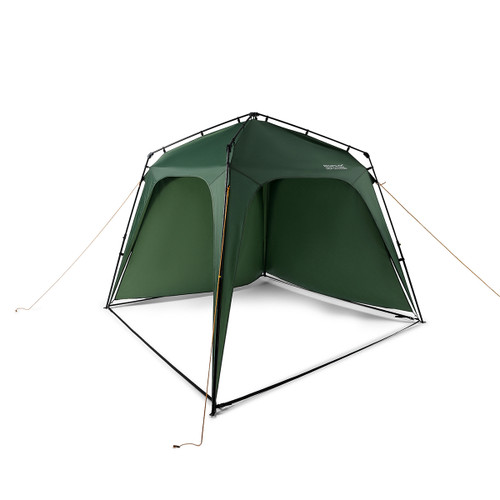 Green Regatta Great Outdoors instant gazebo with side panels and guy ropes, angled front view.