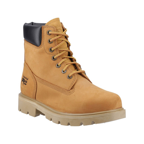 Wheat-coloured Timberland PRO lace-up safety boot with padded black ankle collar, metal eyelets, and a durable slip-resistant sole.