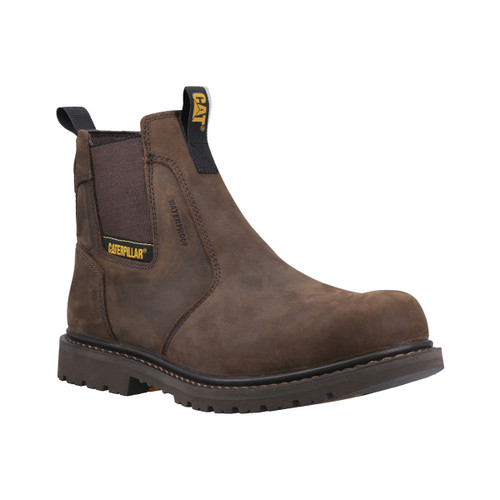 Front angled view of brown Caterpillar Ager Dealer Chelsea work boot with waterproof leather upper, elastic side gusset, and CAT branded pull tab.