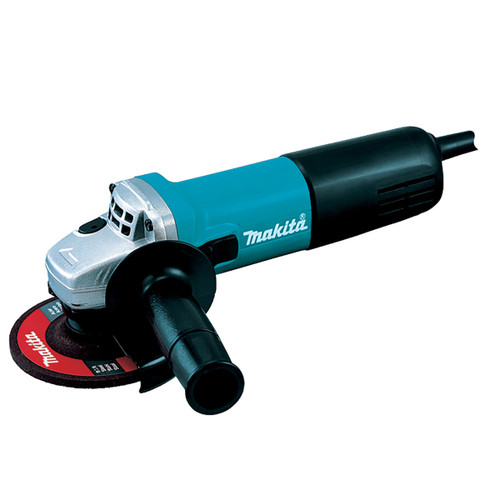Electric angle grinder with a blue and black handle, featuring a red disc and side grip. Tool has a robust, industrial look.