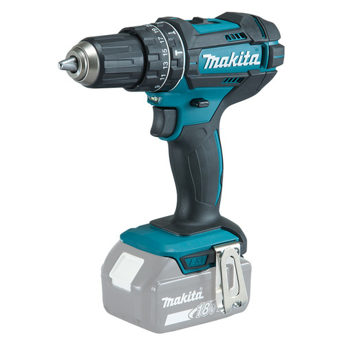 Makita cordless drill driver with 18V battery and keyless chuck, compact power drill on white background.