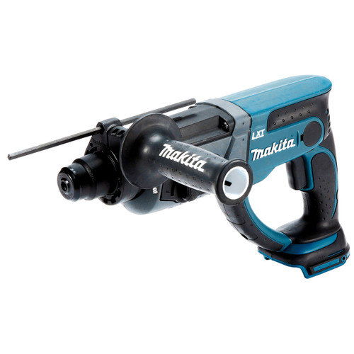 Makita cordless SDS plus rotary hammer drill with side handle and depth stop.
