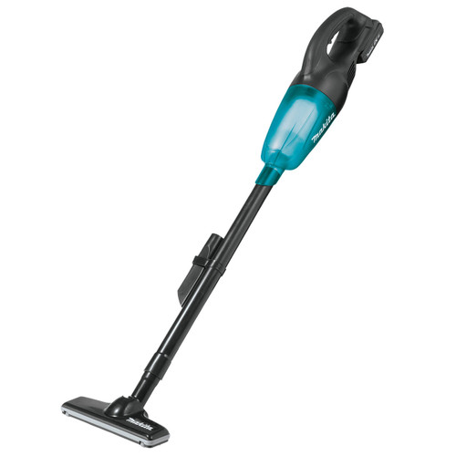 Makita cordless stick vacuum cleaner with a floor head, extension tube, crevice nozzle and accessories is displayed on white background.