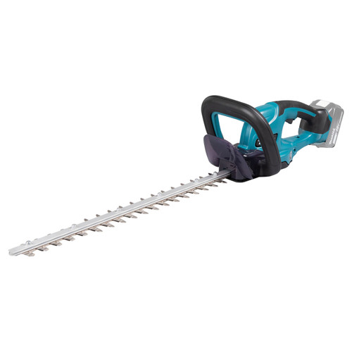 Cordless Makita hedge trimmer in teal and black with long dual-action blade and front loop handle.