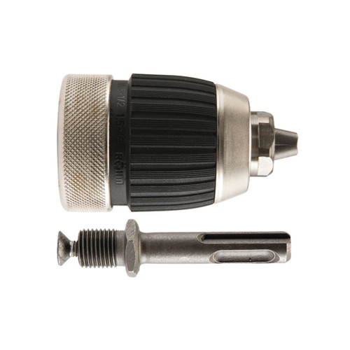 Keyless drill chuck with black grip sleeve and silver collar, shown with SDS plus adapter shank.
