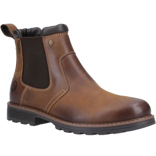 Brown leather Chelsea boots with elastic side panels, padded ankle collar and rugged black sole.