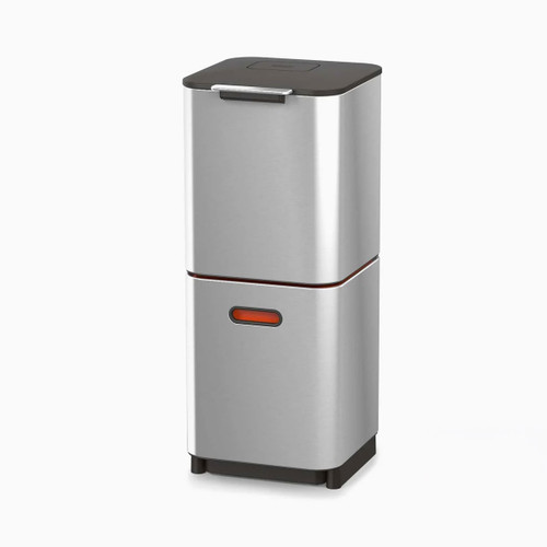 Stainless steel dual-compartment kitchen bin with a sleek rectangular design and lid.
