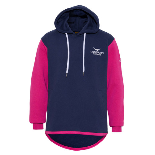 Navy hoodie with pink sleeves, white drawstrings, and a small Longhorn Shearing logo on the chest, with side pockets and a curved hem.
