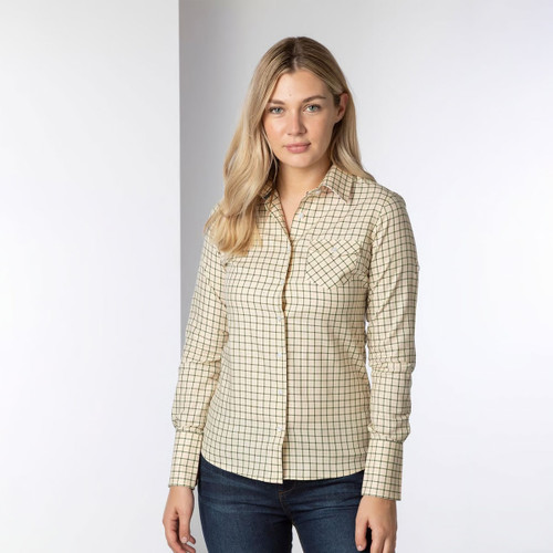 Front view of a woman wearing a khaki check long-sleeve shirt with button fastening and chest pocket.