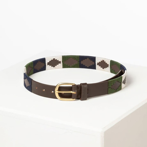 Angled view of a brown leather polo belt with navy, white and green embroidered panels and a brass buckle.