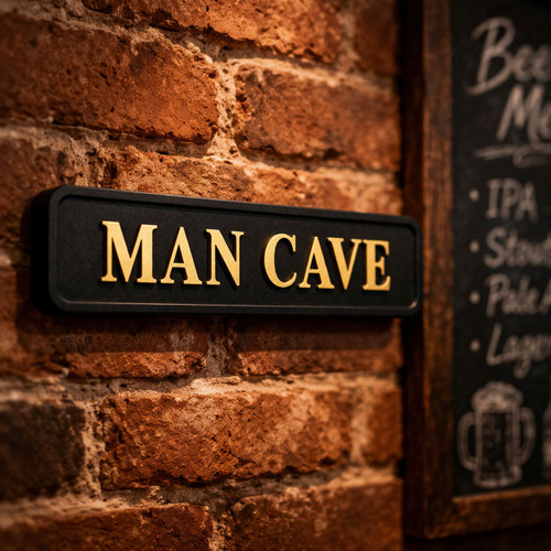 Black rectangular sign with gold lettering reading ‘MAN CAVE’ mounted on a rustic brick wall, with a framed chalkboard sign nearby.