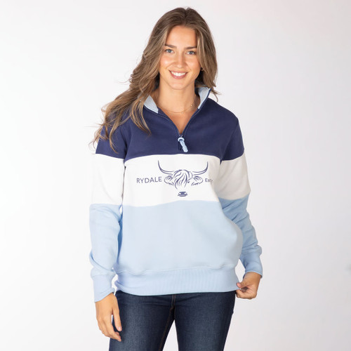 Front view of the colour-block quarter-zip sweatshirt with Highland cow motif and contrast panels.