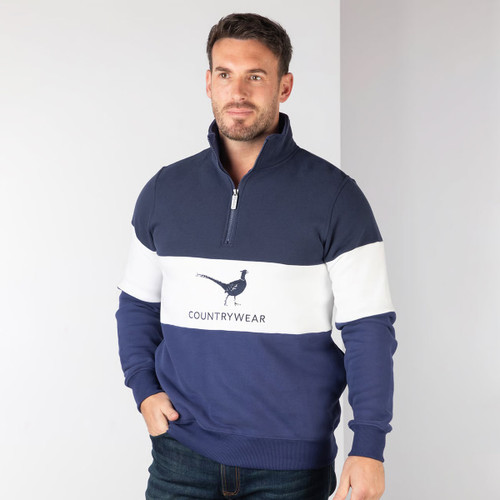 Men’s navy half-zip sweatshirt with white chest stripe and pheasant Countrywear logo, shown worn from the front.