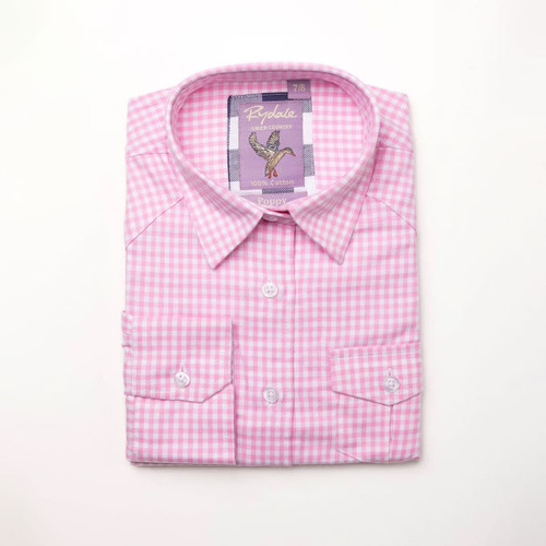 Folded children’s pink and white gingham check long-sleeve shirt with button front and twin chest pockets, front view.