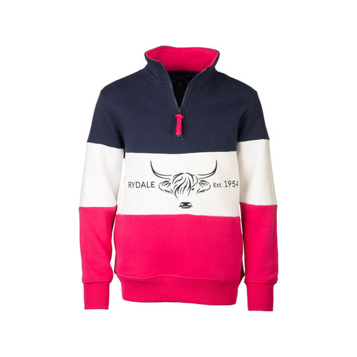 Children’s navy, white and bright pink colour-block sweatshirt with half zip and Highland cow “Rydale Est. 1954” graphic, front view.