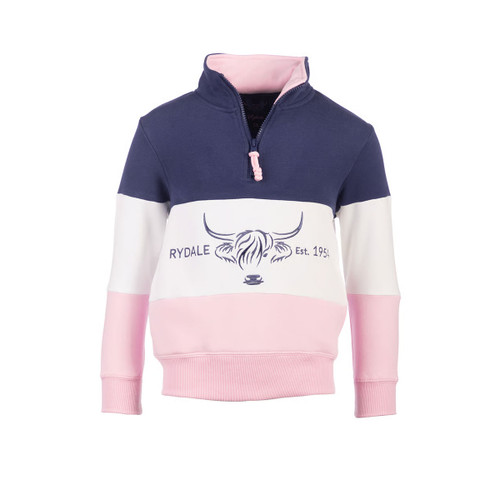 Children’s navy, white and pale pink colour-block sweatshirt with half zip and Highland cow “Rydale Est. 1954” graphic, front view.