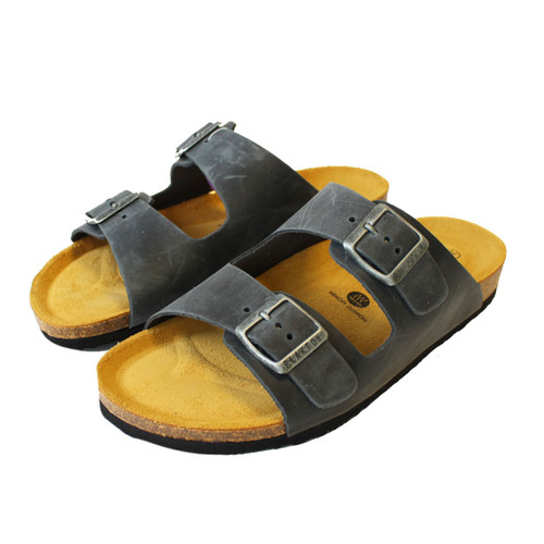 Pair of grey double-strap sandals with adjustable metal buckles and cork footbed