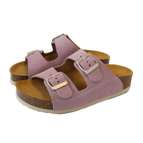 Pink suede double strap sandals with adjustable metal buckles and cork footbed