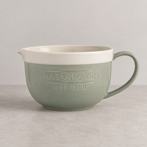 Sage green and cream Mason Cash ceramic mixing jug with handle, pouring spout and embossed logo